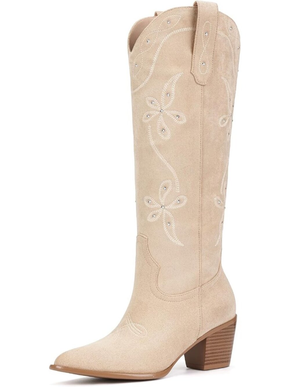 Women's Cream Faux Suede Retro Embroidery Pointed Toe Chunky Heel Cowgirl Boots